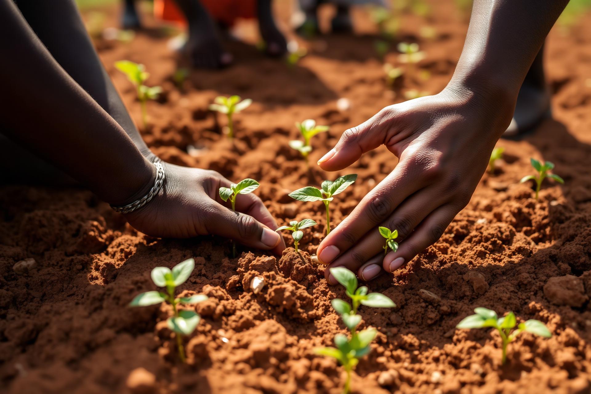 Hände beim Pflanzen auf einem Feld in Togo